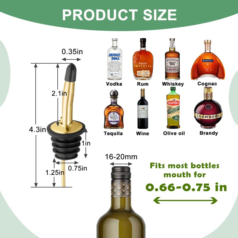 WAFJAMF 6 Pcs Liquor Pour Spouts Set, Stainless Steel Liquor Bottle Pourers with Rubber Dust Caps, for Pours Liquid, Olive Oil, Wine, Vinegar (Gold) - Image 4